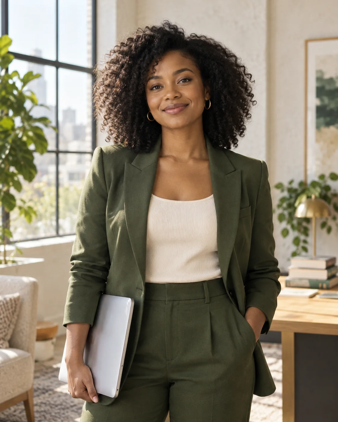 Confident professional in a green blazer holding her laptop