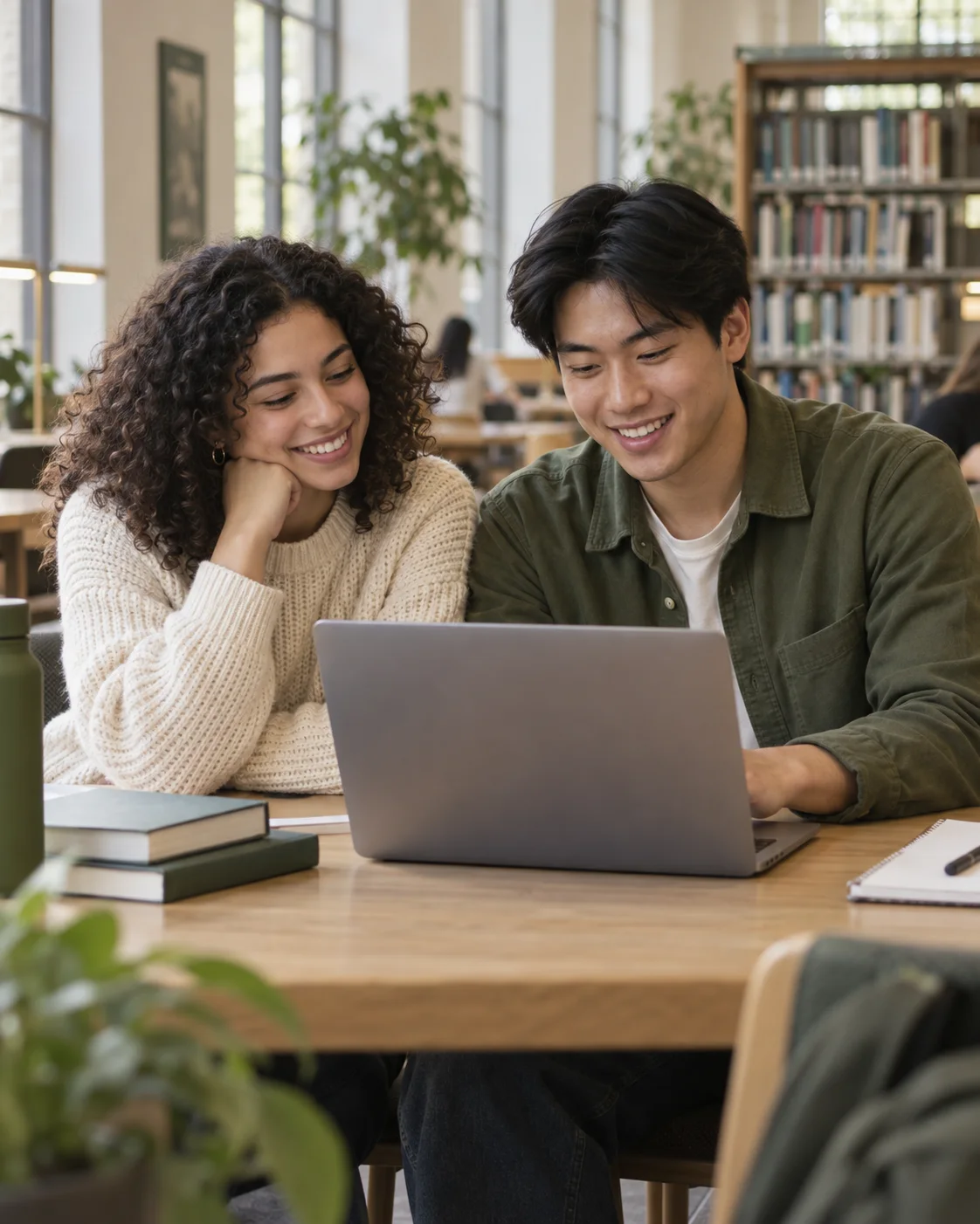 Two students learning together in a bright university library